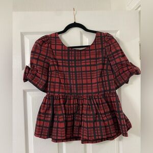 Love Shack Fancy Holiday Peplum Plaid Bow top